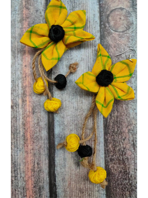 Fabric and Jute Handcrafted Flower Dangler Earrings