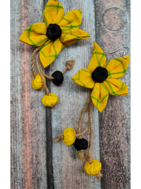 Fabric and Jute Handcrafted Flower Dangler Earrings