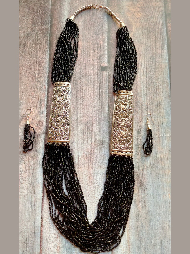Black Beaded Multi Layered Necklace Set with Metal Detailing