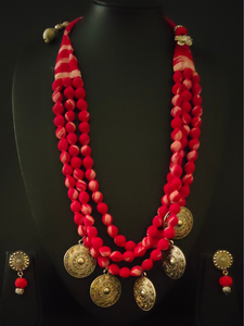 Ikat Fabric Beads Statement Necklace Set with Thread Closure