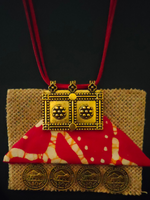 Load image into Gallery viewer, Jute &amp; Fabric Necklace Set with Antique Gold Finish Stamped Coins
