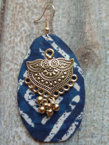 Indigo Fabric Earrings with Metal Detailing and Beads