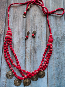 Ikat Fabric Beads Statement Necklace Set with Thread Closure