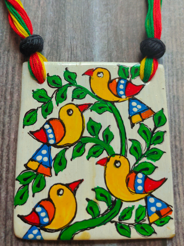 Hand Painted Birds Ceramic Necklace Set with Multi-Color Thread Closure
