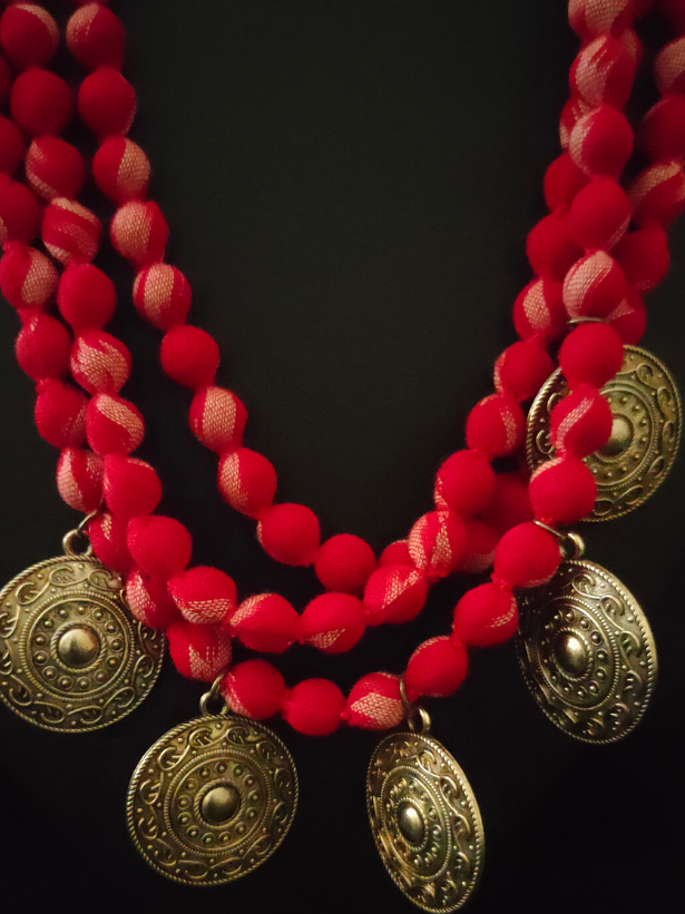 Ikat Fabric Beads Statement Necklace Set with Thread Closure