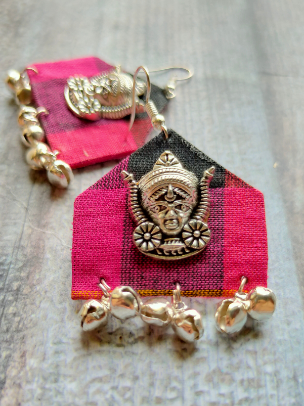 Pink Fabric Earrings with Goddess Motif and Beads