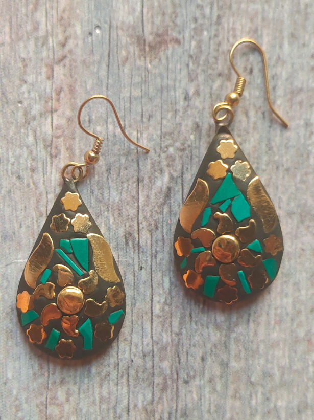 Black and Turquoise Tibetan Drop Earrings with Gold Detailing