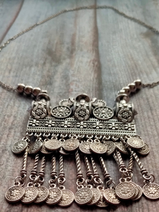 Long Chain Metal Necklace with Multiple Coin Strands