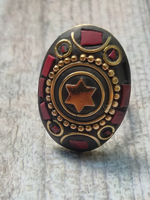Load image into Gallery viewer, Black and Red Oval Tibetan Ring with Gold Detailing
