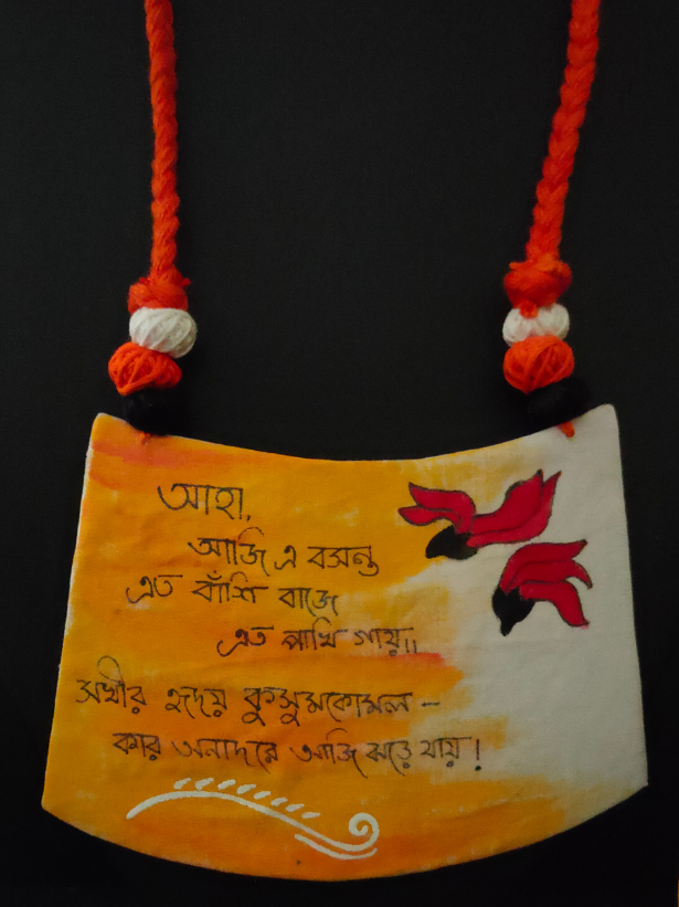 Sun Yellow Hand Painted Mantra and Birds Fabric Necklace Set with Thread Closure