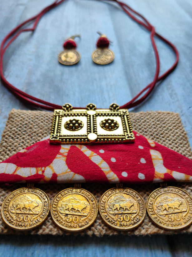 Jute & Fabric Necklace Set with Antique Gold Finish Stamped Coins