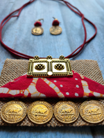 Load image into Gallery viewer, Jute &amp; Fabric Necklace Set with Antique Gold Finish Stamped Coins

