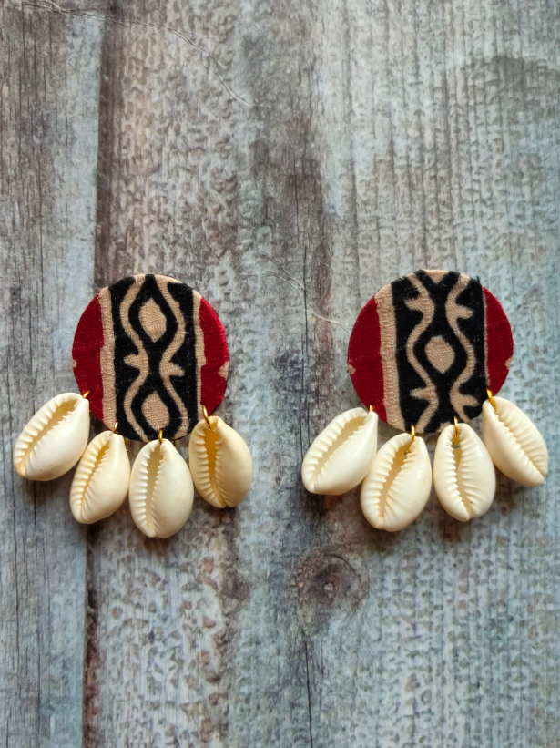 Kalamkari Fabric Earrings with Shells
