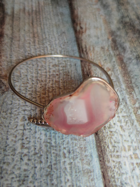 Pink Natural Stone Silver Adjustable Bracelet