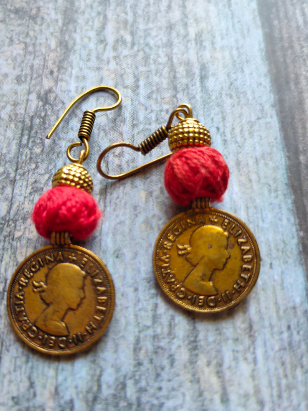 Jute & Fabric Necklace Set with Antique Gold Finish Stamped Coins