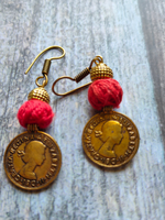 Load image into Gallery viewer, Jute &amp; Fabric Necklace Set with Antique Gold Finish Stamped Coins
