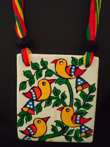 Hand Painted Birds Ceramic Necklace Set with Multi-Color Thread Closure