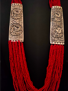 Red Beaded Multi Layered Necklace Set with Metal Detailing