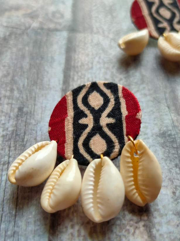 Kalamkari Fabric Earrings with Shells