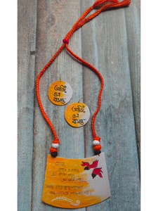 Sun Yellow Hand Painted Mantra and Birds Fabric Necklace Set with Thread Closure