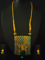 Load image into Gallery viewer, Brocade Fabric Necklace Set with Tribal Motifs Metal Pendant with Thread Closure
