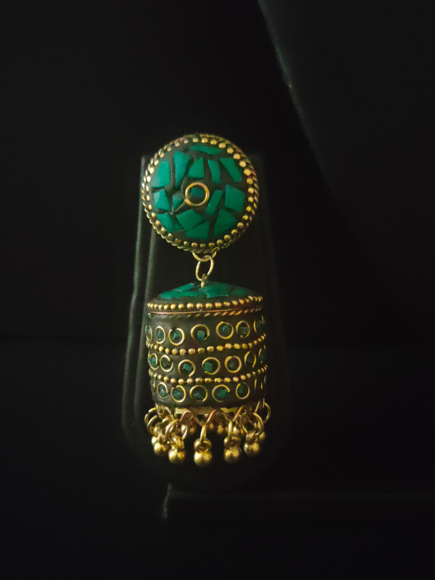 Turquoise and Black Tibetan Earrings with Metal Beads and Gold Detailing