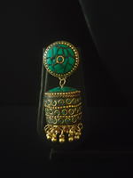 Load image into Gallery viewer, Turquoise and Black Tibetan Earrings with Metal Beads and Gold Detailing
