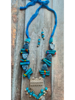 Load image into Gallery viewer, Statement Blue Necklace Set with Tibetan Stones, Fabric and Ghungroos
