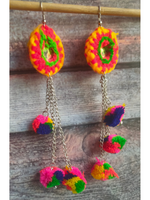 Load image into Gallery viewer, Hand Embroidered Mirror Work Earrings with Pom Pom Strands
