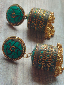Turquoise and Black Tibetan Earrings with Metal Beads and Gold Detailing