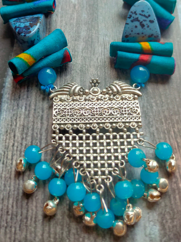 Statement Blue Necklace Set with Tibetan Stones, Fabric and Ghungroos