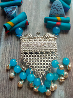 Load image into Gallery viewer, Statement Blue Necklace Set with Tibetan Stones, Fabric and Ghungroos
