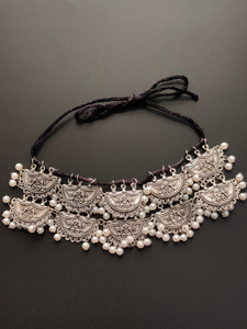 2 Layer Oxidised Silver Choker Necklace with Thread Closure