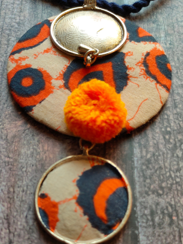 Fabric and Pom Pom Necklace Set with Thread Closure