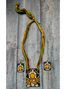 Hand Painted Clay Necklace Set with Religious Motif and Multi-Color Thread Closure
