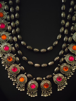 Load image into Gallery viewer, 3 Layer Pink and Orange Oxidised Silver Necklace Set with Thread Closure
