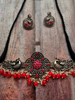 Load image into Gallery viewer, Oxidised Silver Choker Necklace Set with Rhinestones and Red Beads
