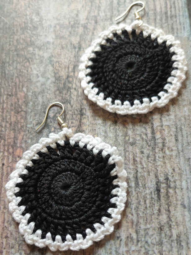 Black and White Hand Knitted Crochet Earrings