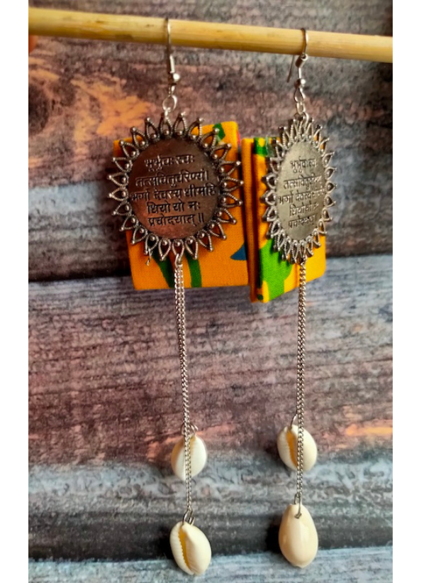 Mantra Printed Fabric Earrings with Shell Chain Strands
