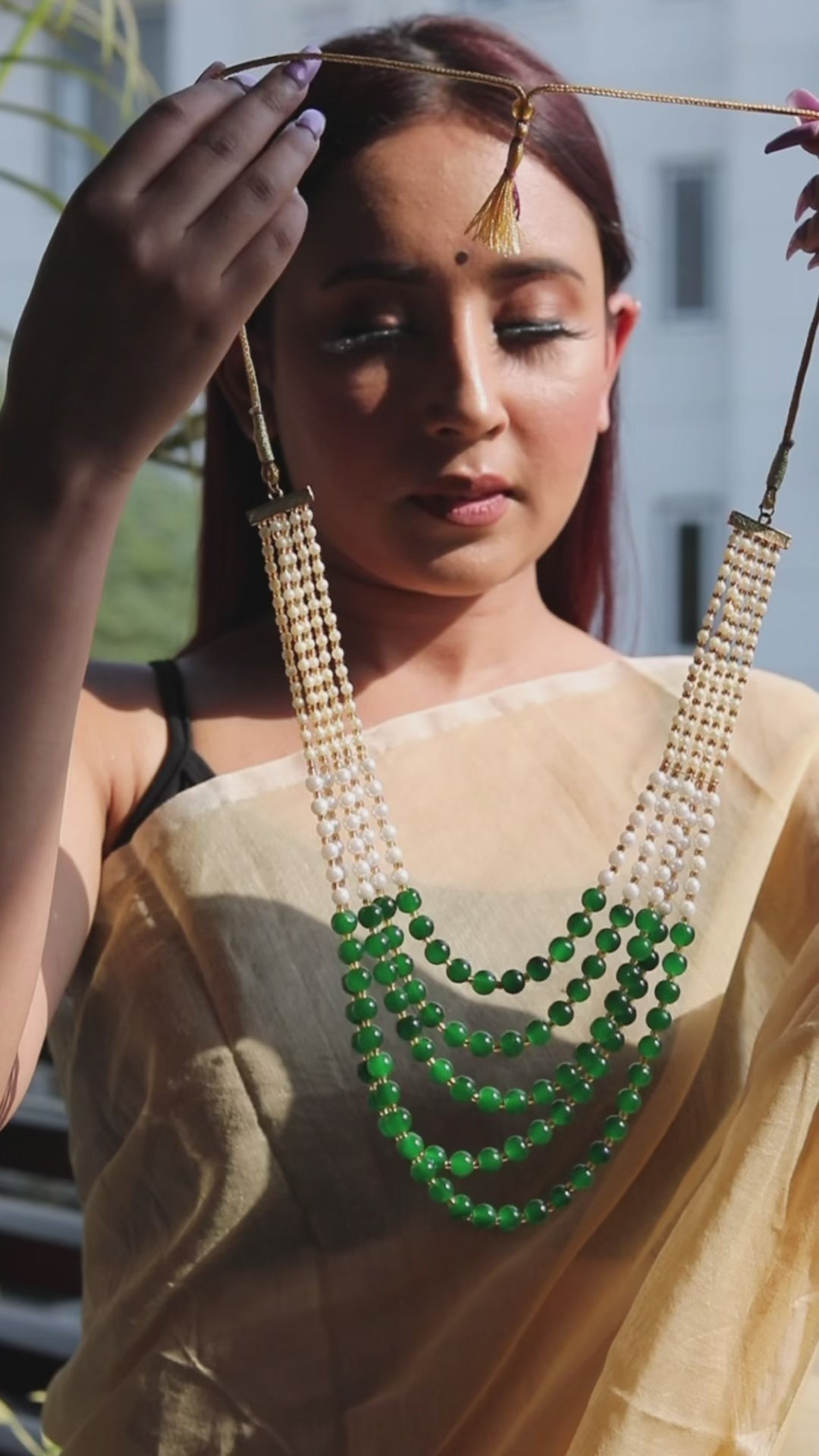 Green & White Glass Beads Intertwined with Golden Beads Adjustable Thread Ethnic Necklace