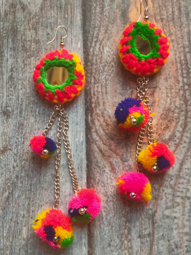 Hand Embroidered Mirror Work Earrings with Pom Pom Strands
