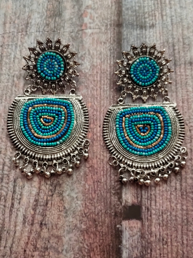 Blue Beaded Round Metal Earrings