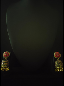 Red and Black Tibetan Earrings with Metal Beads and Gold Detailing