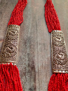 Red Beaded Multi Layered Necklace Set with Metal Detailing