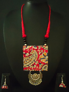 Kalamkari Fabric Necklace Set with Afghani Metal Pendant