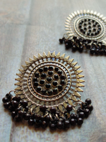 Load image into Gallery viewer, Sun Shaped Metal Earrings with Concentric Circles and Black Beads
