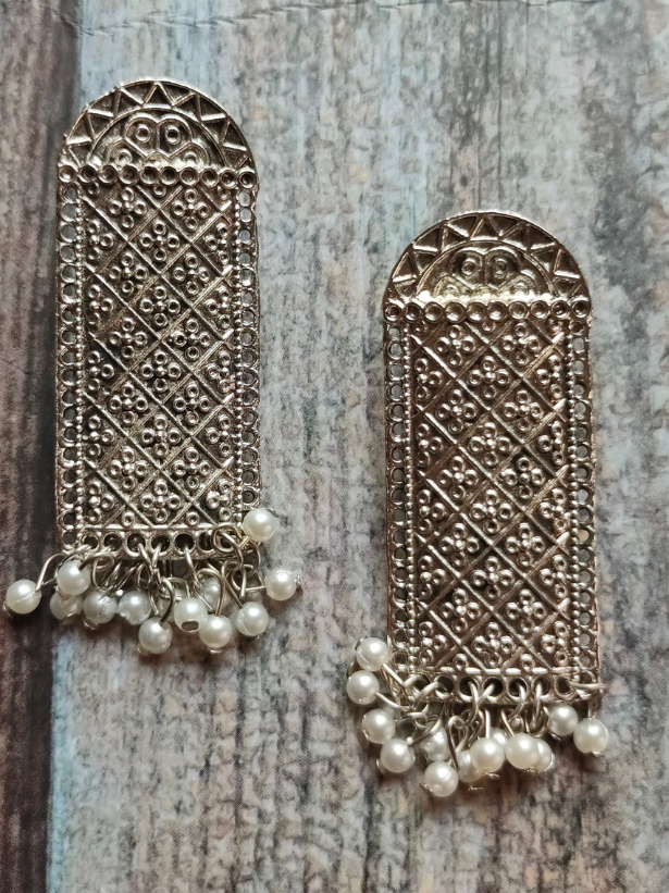 White Beads Statement Oxidised Silver Dangler Earrings