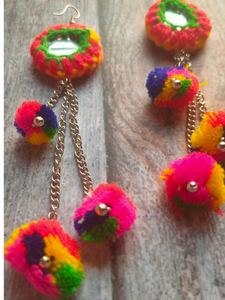 Hand Embroidered Mirror Work Earrings with Pom Pom Strands