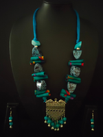 Load image into Gallery viewer, Statement Blue Necklace Set with Tibetan Stones, Fabric and Ghungroos
