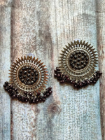 Load image into Gallery viewer, Sun Shaped Metal Earrings with Concentric Circles and Black Beads
